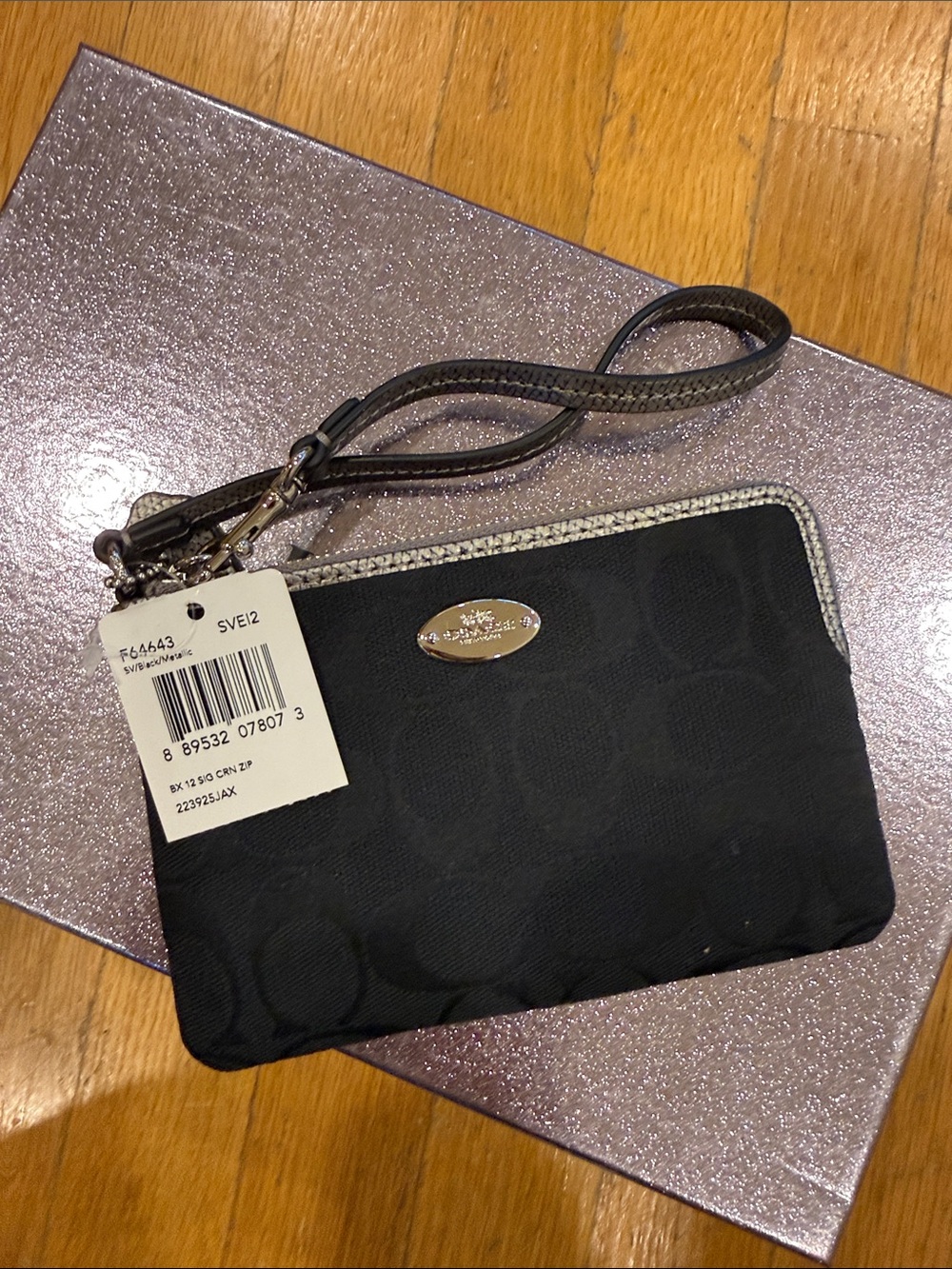 Coach Black Signature Wristlet with Silver Hardware